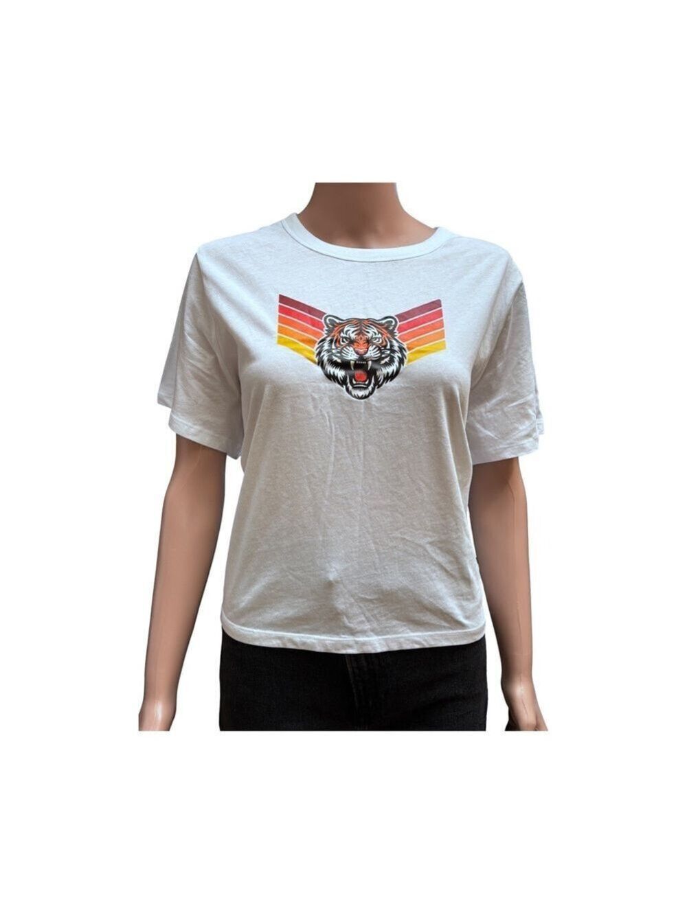 White Tiger Graphic Crop Tee Short Sleeve Cotton